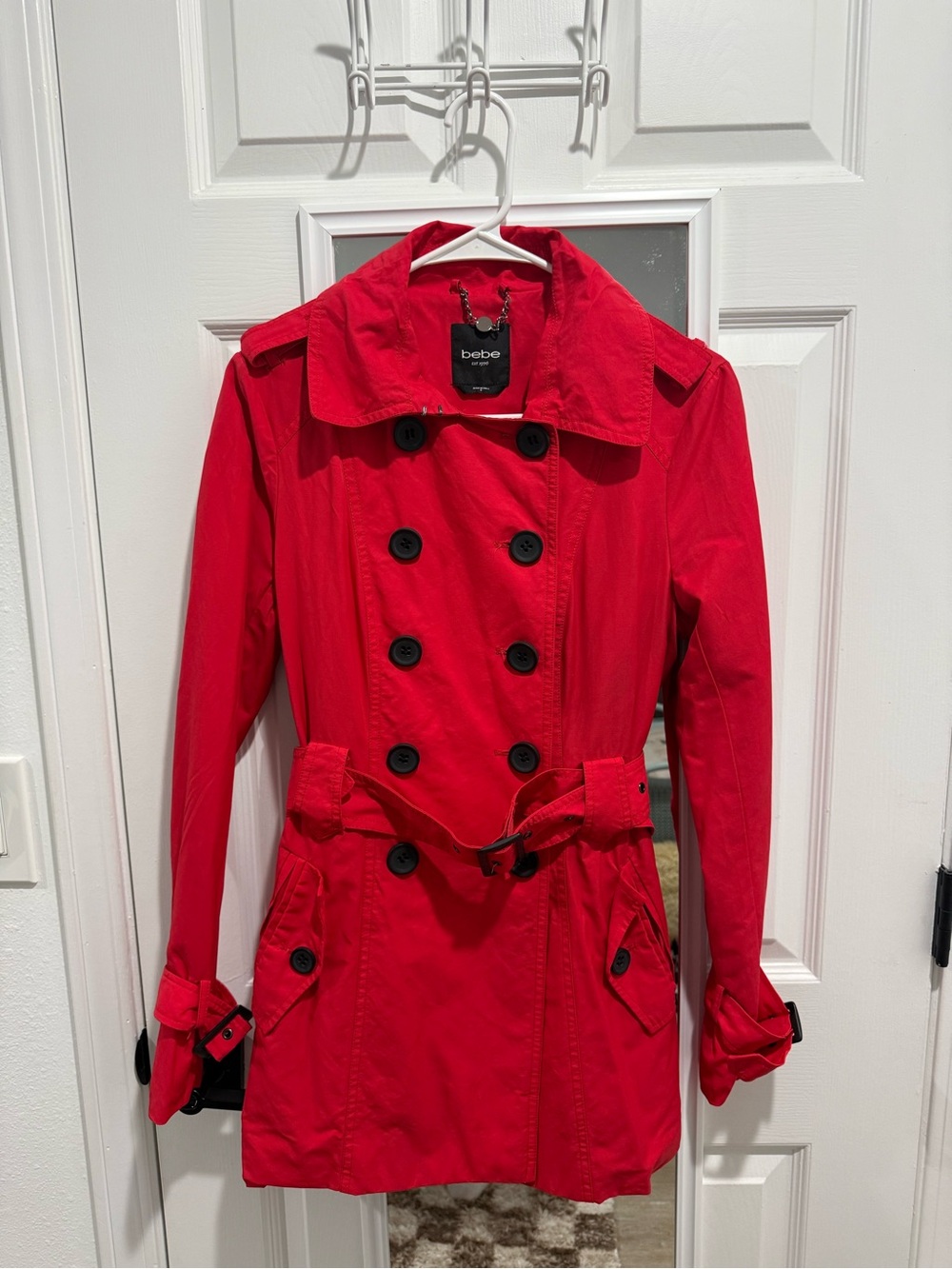 bebe Vibrant Red Double-Breasted Trench Coat